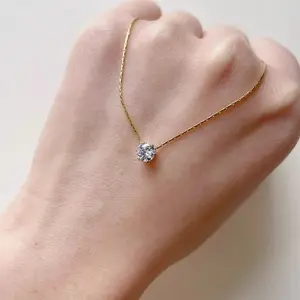 Minimalist Diamond Pendant Necklace for Women – Round Clear 6-Prong Collarbone Chain, valentine's gifts for her