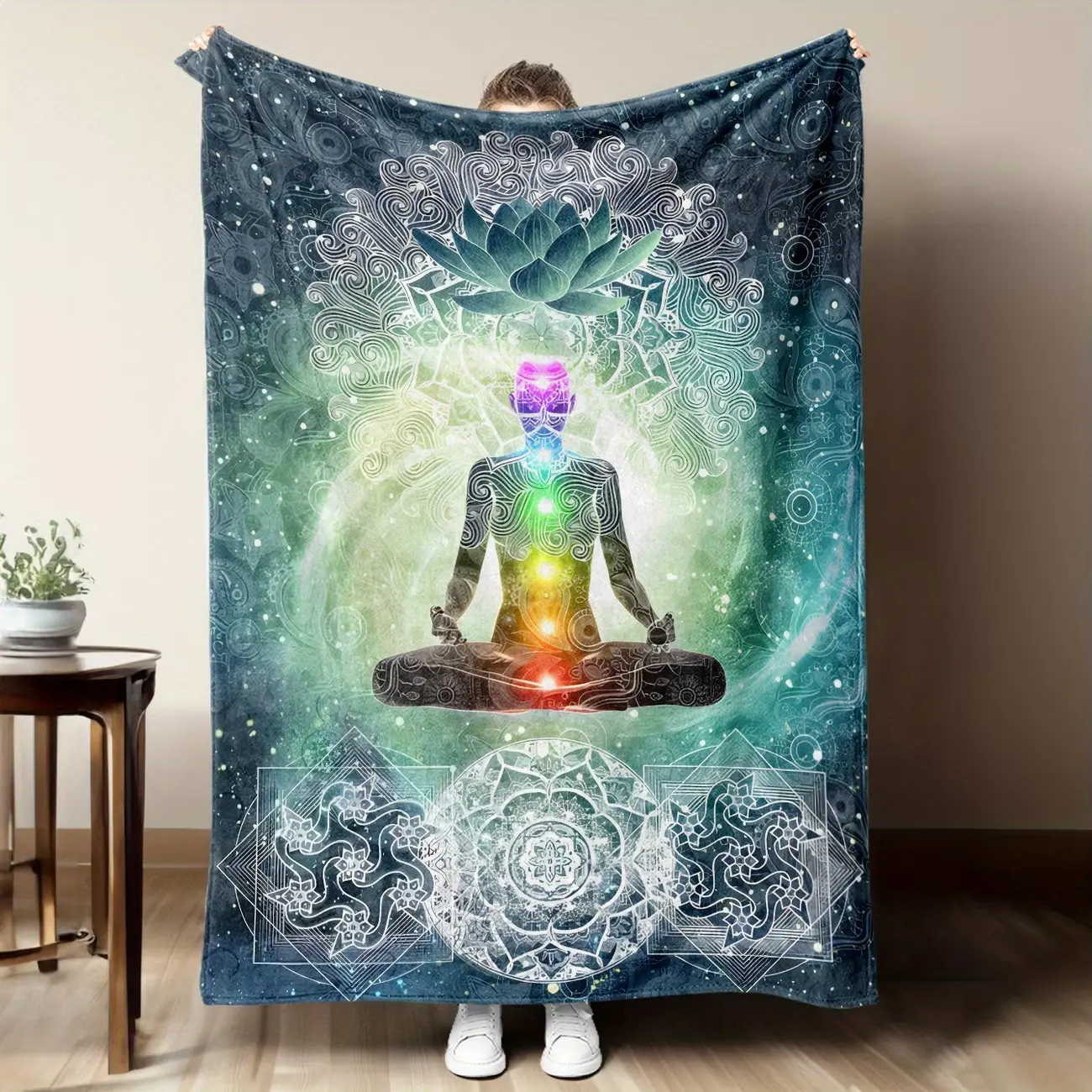 1pc Cartoon Flannel Blanket, Chakra Yoga Meditation Zen Hippie for Lotus Spirit Pattern, Digital Print Soft Warm Comfortable Sofa Bed Office Blanket, Throw Blanket, Nap Blanket, Ideal Gift for Friends and Family