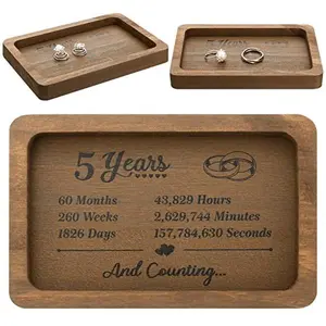 5 Years Anniversary Wood Gift Rectangle Engraved Tray Wedding Anniversary Wood Gifts for Him Husband Wife Trinket Dish Solid Wood Jewelry Display Tray for Rings Watch (Rustic Style)