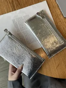 Minimalist Silver Metallic Wallet - Long Slim Zip Clutch Pouch, Versatile Daily Use Card & Coin Holder for Women