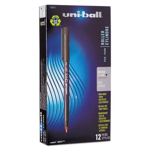 Uni-Ball UBC60042 Stick Rollerball Pen - 0.5 mm, Micro Red Ink, Black Matte ONYX Barrel, Metal Tip, Smooth Writing - 1 Dozen