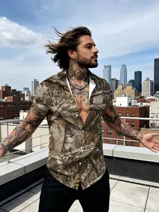 Men's Forest Camouflage Print Short Sleeve Shirt, Outdoor Realistic Branch 3D Print Casual Open Front Top, Loose-Fitting Casual Shirt