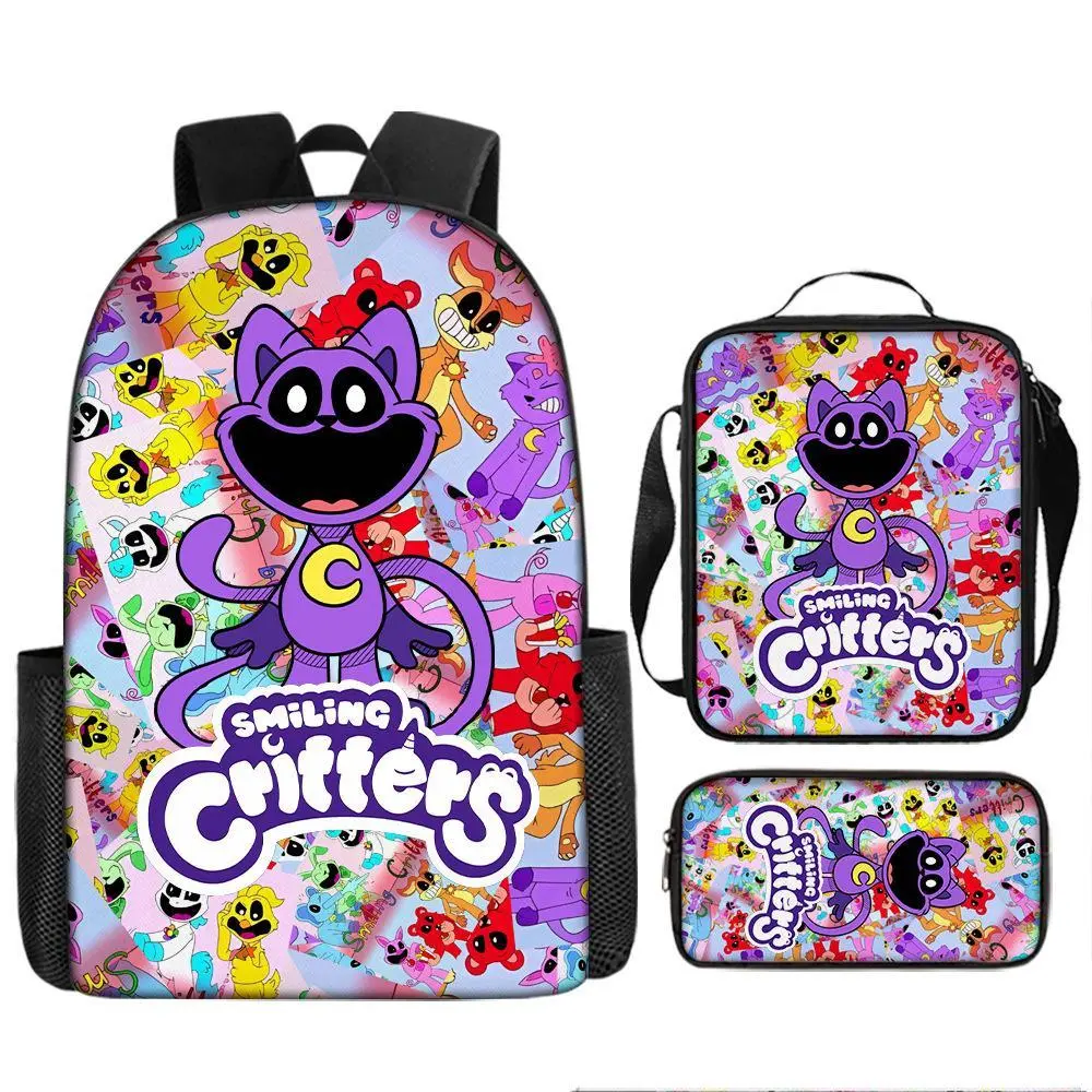 Purple Feline Character 3 In 1 Backpack Set Laptop Backpack Lunch Bag Pencil Case Combo Travel Bag