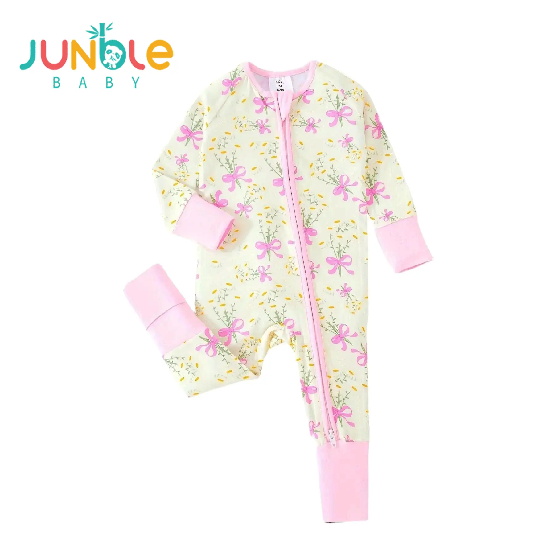 JUNBLEBABY Romper for Baby Girls, Long Sleeve Crew Neck Floral Print Knitted Bamboo Baby Clothing with Bow, 2-Way Zipper & Convertible Footies, Infant Sleepwear, Sleepwear Outfits, Knitting, Plain, Front Zip, 12-18M, Cozy, Premium Soft Sleepwear