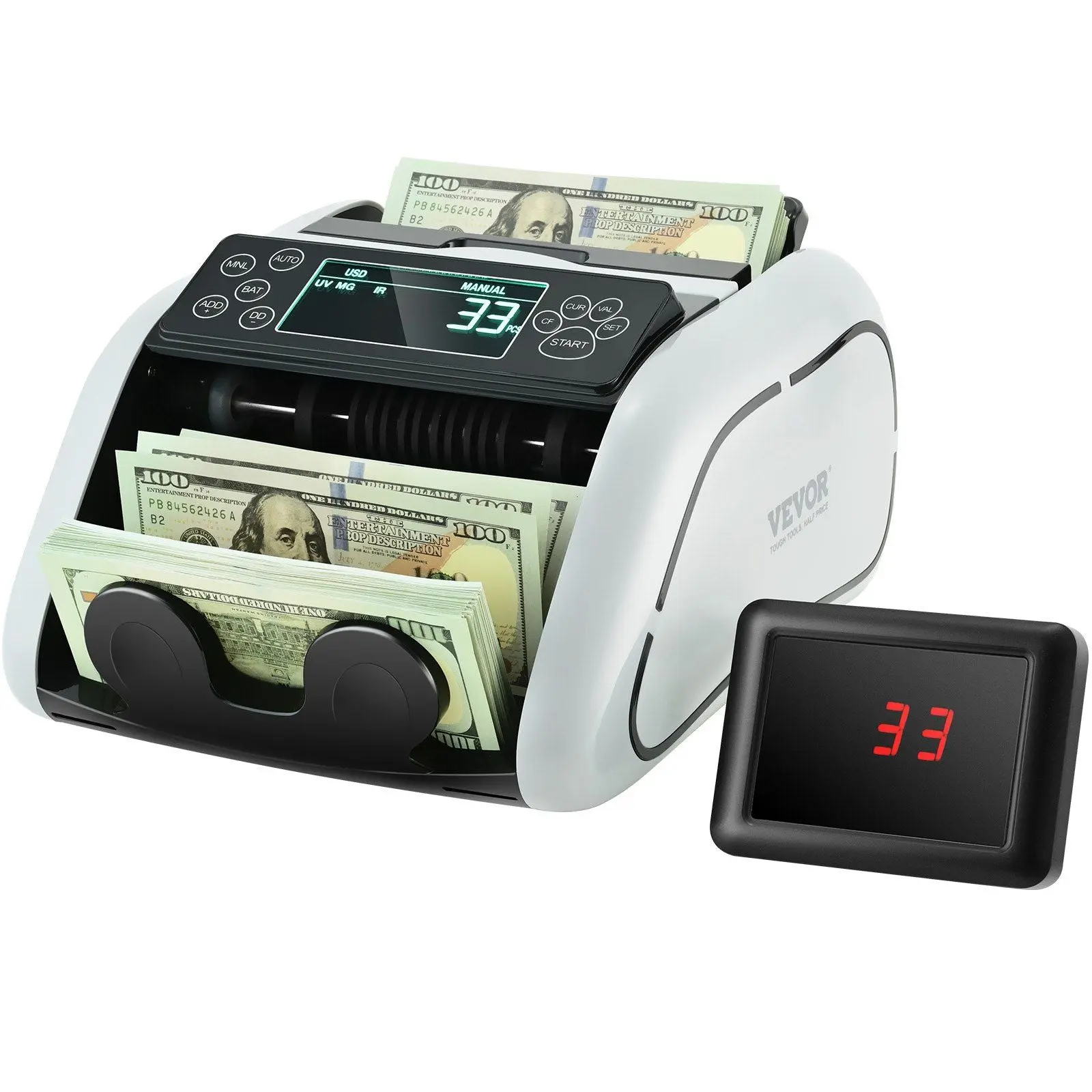 Money Counter Machine with UV, MG, IR and DD Counterfeit Detection, Large LCD & External Display - USD & EUR