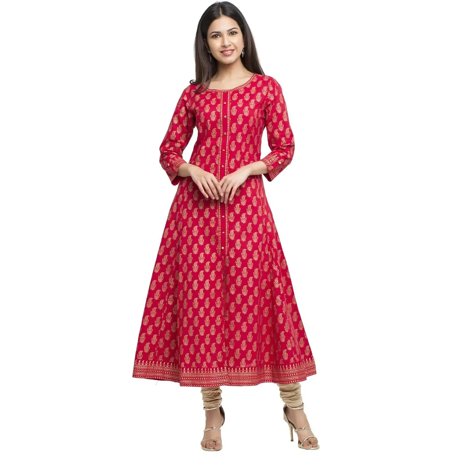 Indian Tunic Cotton Gold Print Anarkali Kurtis for Women (Red)