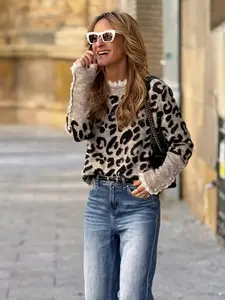 Women's Leopard Print Sweater Pullover, Casual Long Sleeve Jumper for Fall & Winter, Fashion Ladies' Knitwear for Daily Wear