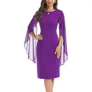 HELYO Women's Chiffon Cloak Sleeve Mini Cape Dress V-Back Semi-Formal Elegant Bodycon Wedding Guest Evening Cocktail Dresses