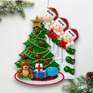 Personalized Peeking Family of 3 Christmas Ornament – Custom Names & Year – Holiday Tree & Staircase Design 2025