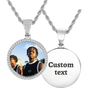Custom Oversized Large Round Picture Necklace Personalized Photo with Cubic Zirconia - Large Picture Pendant Necklace - Iced Out Necklce for Men