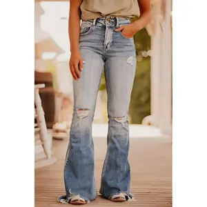 2025 Women's New Blue Ripped Flare Jeans Washed Vintage Denim Pants for WomenMystery Deal Drops!
