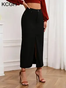 KCGH Plus Size Women's Fitted Front Denim Midi Split Hem Skirt Summer New High Waist Drape Skirt Zipper Design Korean Style Ins Fashion Commute Casual Long Skirt Bottom