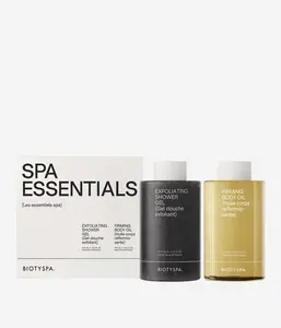 Spa Essentials Bundle - Exfoliating Shower Gel & Firming Body Oil - Organic Vegan Daily Cleansing Set - 400ml Each