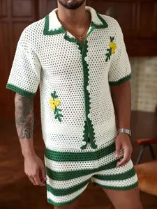 Vintage Knit Sweater New Colorblock Hollow Out Button Front Cardigan Short Sleeve + Shorts Set, Casual Fashion for Women