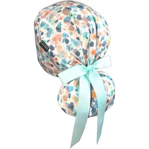 Scrub Cap for Women and Men, Ponytail Scrub Caps, Working Hat, Head Cover with Ribbon Ties and Buttons, Long Hair