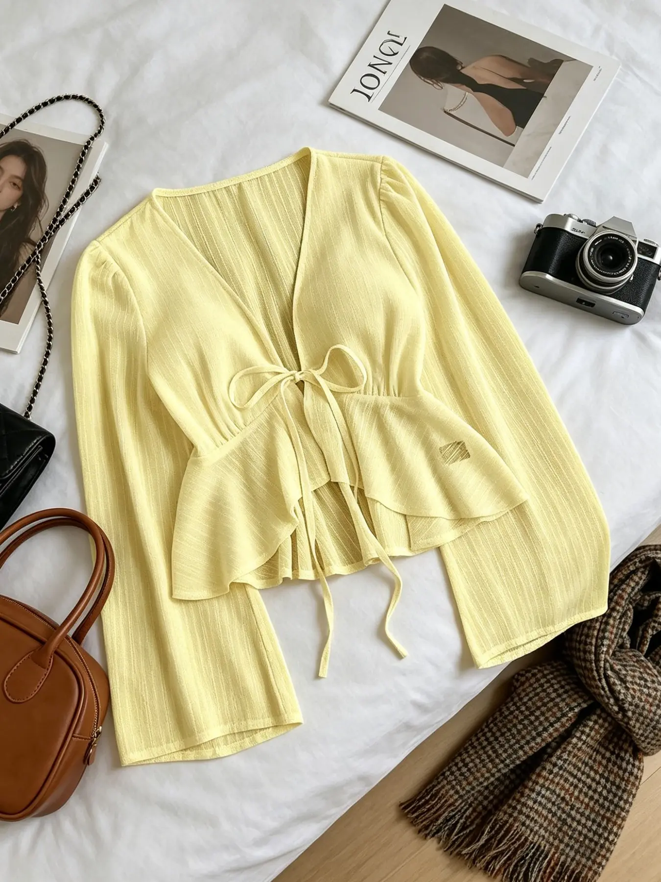 A women's casual fashion solid color long sleeve vneck loose-fitting slimming versatile stylish top Blouse, a basic piece for layering or wearing as an inner or outer garment, suitable for all seasons and ideal for home, indoor, and outdoor outfits