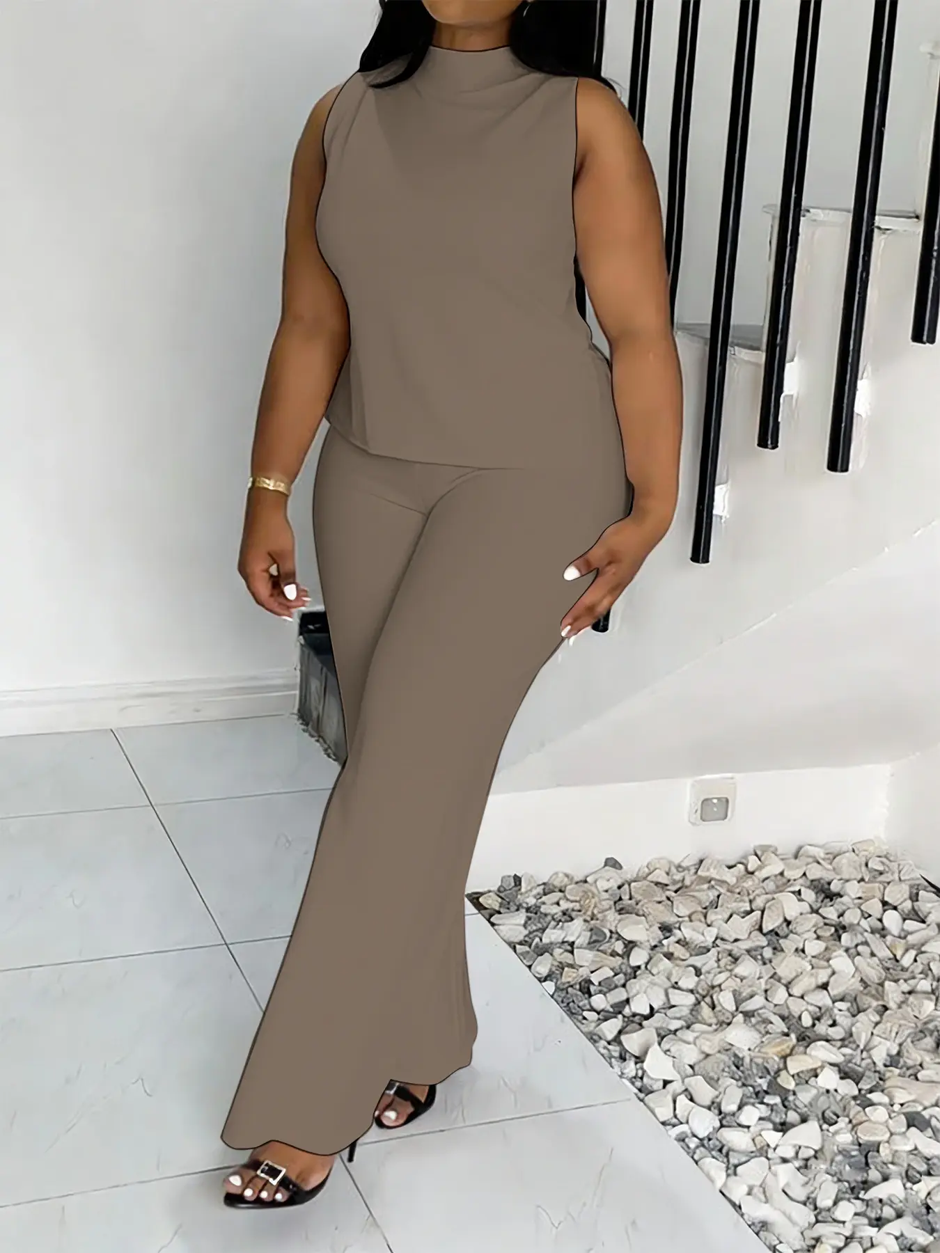Plus Size 2 Piece Outfits for Women, Sleeveless Mock Neck Tank Top and Wide Leg Pants Matching Set, Elegant Stretchy Casual Lounge Set for Curvy Women, Summer Vacation Travel Outfit, Chic Daily Wear