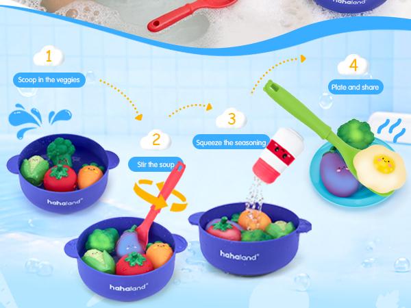 hahaland Color Changing Vegetable Soup Bath Toy Set for Toddlers 12m+, 15-Piece Set with Veggies, Pot, Spoon, Mesh Bag, No-Hole Mold-Free Smooth Plastic Easy-Grip All-Seasons Playset, Gift, Holiday, Color Change in 95°F+ (35°C+) Water