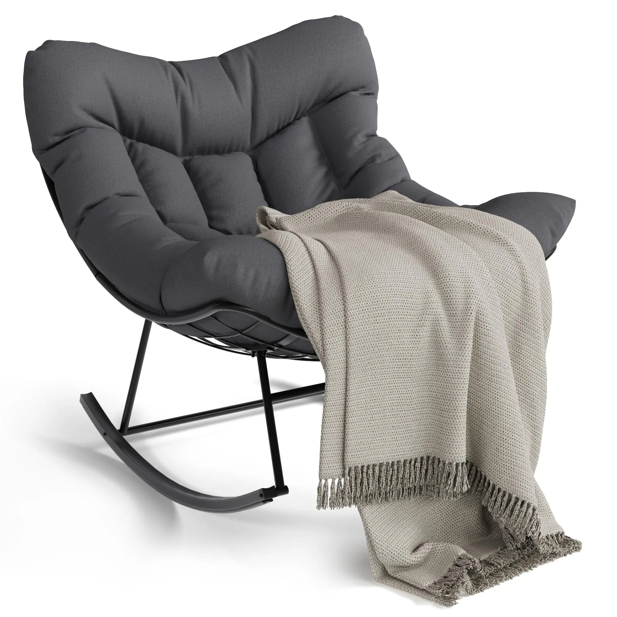 Garvee Outdoor Rattan Papasan Rocking Chair - Extra-Thick Cushion, Waterproof, Crack-Resistant, 350+ lb Capacity, Assembly Required, Cozy Seat for Adults, Back Porch, Living Room, 350 Lb And Above, Durable