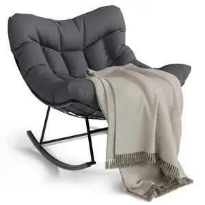 Garvee Outdoor Papasan Rocking Chair with Thick Cushion, Rattan Lounge Chair for Adults, Cozy Reading Seat for Living Room, Balcony & Porch, Gray