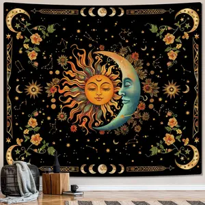 Sun and Moon Tapestry Astrology Starry Sky Pattern Wall Hanging, Bohemian Hippie Floral Plant Aesthetic Retro Mandala Room Decor for Living Room & Bedroom Wall Tapestries
