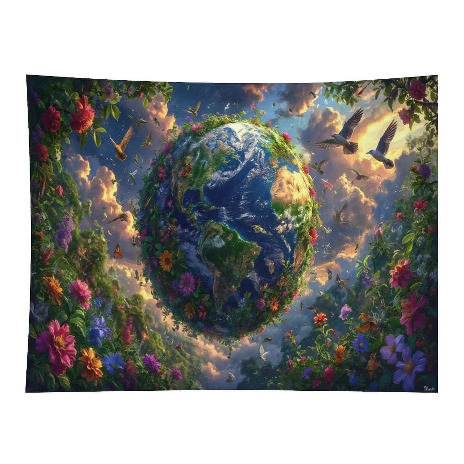Floral Wrapped Green Earth Globe Colorful Wildflower Bird Peace Nature Wall Tapestry Wall Hanging, Eco Friendly Environmental Dreamy Art Decor for Cottagecore Bedroom Backdrop