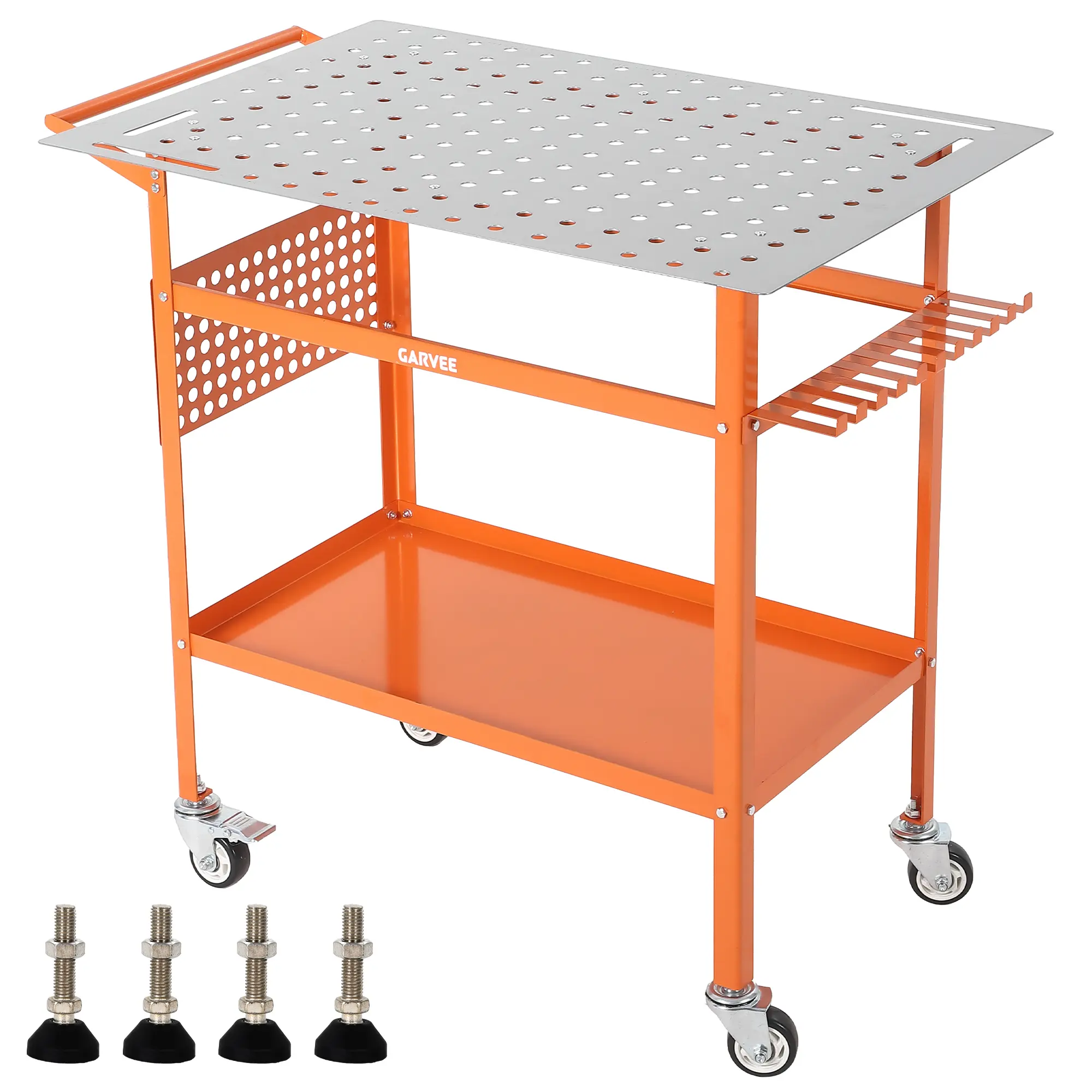 36" x 24" Welding Workbench, Welding Table Carbon Steel with 800LBS Weight Capacity, Portable Welding Bench with 2 Swivel, 2 Fixed Casters, Side Pegboard, Hooks, Storage Tray, 5/8 Inch Locating Holes