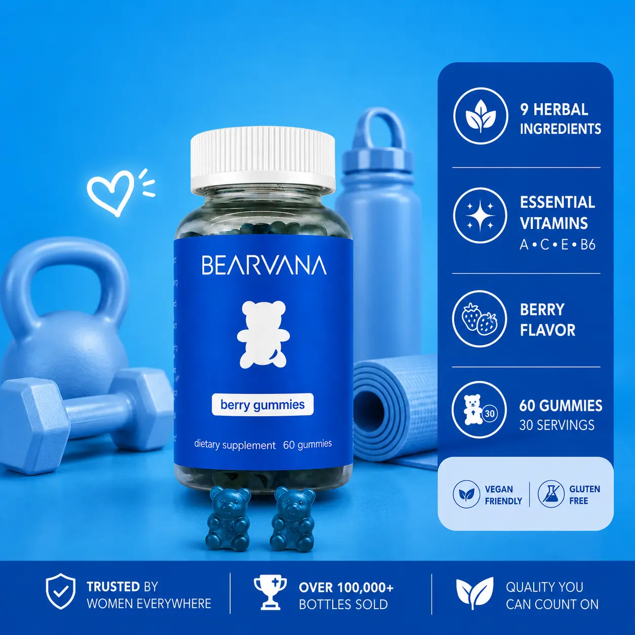 BEARVANA All-In-One Women's Wellness Gummies | 9 Herbal Ingredients + Vitamins A, C, E & B6 | The Daily Gummies Worth the Hype |  Berry Flavor | One Month Supply | 60 Gummies