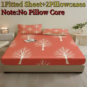 Valentine's Day Digital Printed Bed Sheet Set of Three, King and Queen Size, Soft and Comfortable Bed Head Cover, Tree Pattern, Romantic Valentine's Day Gift, Suitable for Bedroom and Guest Room Comfortable Bedding (1 Bed Sheet + 2 Pillowcases)