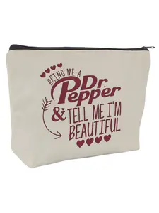 Cute Canvas Makeup Bag with 'BRING ME A Dr Pepper & TELL ME I'M BEAUTIFUL' Print - Soft Pink Heart Design Cosmetic Pouch for Women & Girls, Perfect Gift for Best Friends, Sisters & Loved One, Makeup Organizer Pouch