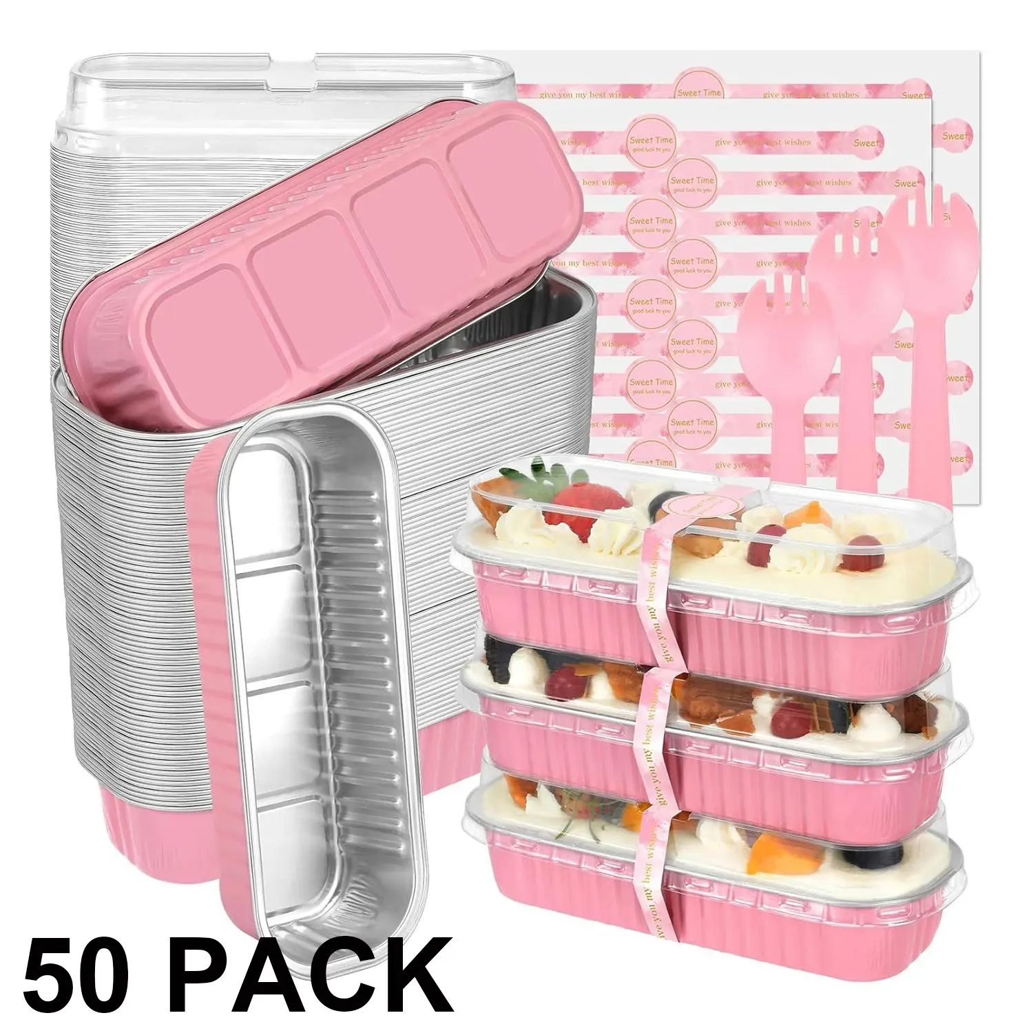50 Pack Mini Cake Pans with Lids and Spoons, Small Aluminum Foil Loaf Pans, 6.8oz Mini Cake Pans for Baking, Rectangular Baking Containers for Party and Picnics, Cupcake Containers Wrappers, Mother's Day Gift, Bakeware, Baking Essentials, Baking Supplies