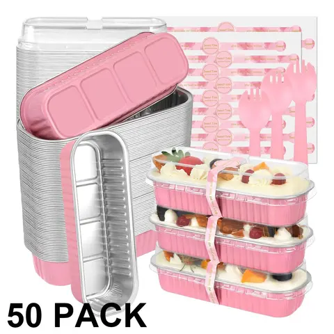 50 Pack Mini Cake Pans with Lids and Spoons, Small Aluminum Foil Loaf Pans, 6.8oz Mini Cake Pans, Rectangular Baking Containers for Party and Picnics, Cupcake Containers, Cheesecake Ramekins, Mother's Day Gift, Bakeware, Baking Supplies