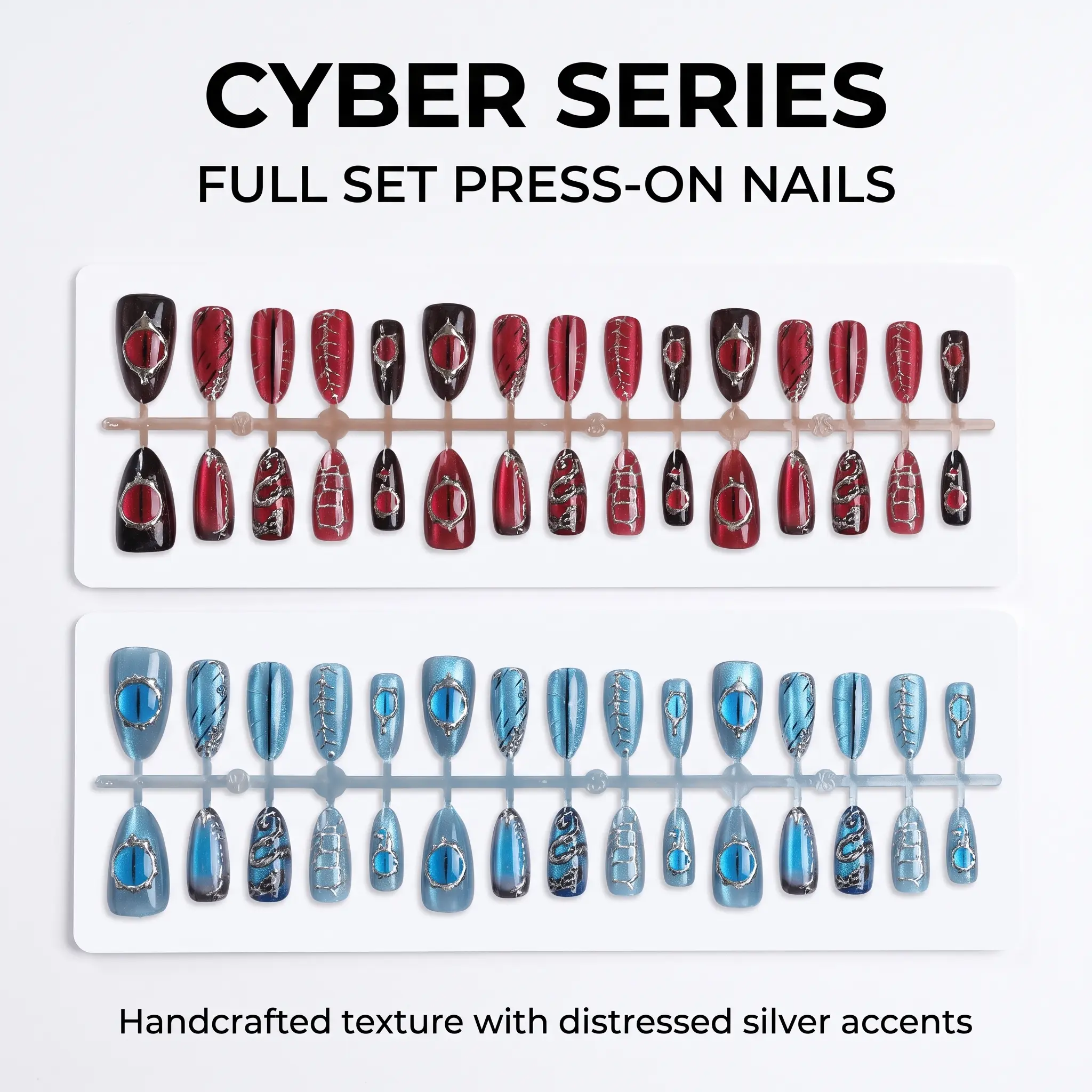 Zatvios Street Style Press On Nails, Red Blue Cyber Devil Eye Design, Techwear Edgy Reusable Manicure for Daily & Party