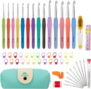 12-Piece Crochet Hook Set with Ergonomic Handles, 51-Piece Yarn Crochet Kit for Beginners, Includes Knitting Needles and Blue Case, Ideal for Arthritic Hands and Crocheters MECHEER