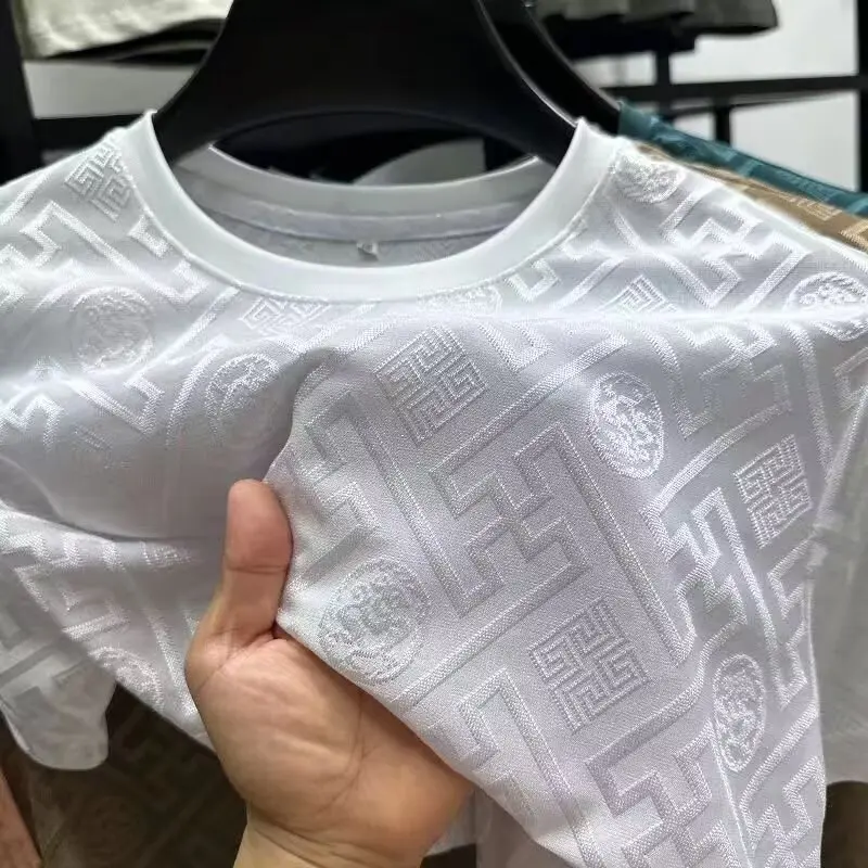 Men's new summer ice silk short-sleeved printed T-shirt, round neck, breathable men's top, lightweight style Fabric Fashion