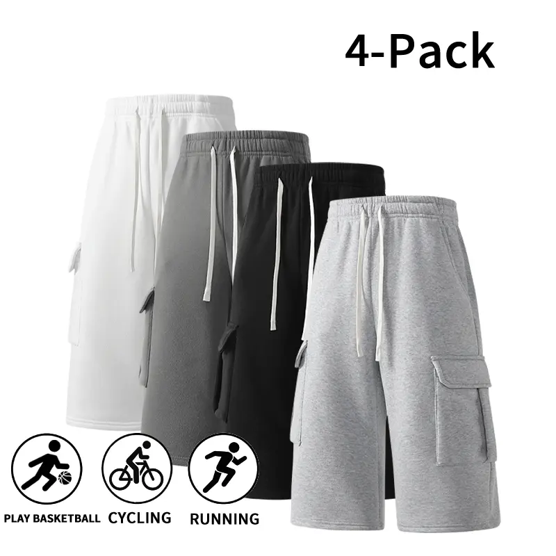 4-Pack Men’s Fashion Cargo Shorts (Light Gray/Dark Gray/Black/White), Multicolor Casual Athletic Shorts with Elastic Waist and Pockets