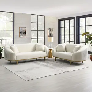 Acme LV03850-51 Martina Ivory Velvet Fabric Pleated Curved Sides Sofa & Love Seat Set with Gold Legs 2 pc Living Room Furniture