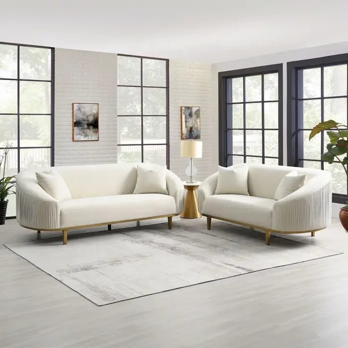 Acme 03850-51 Martina 2-Pc Modern Curve Living Room Set, Ivory Velvet Pleated Sofa & 2-Seat Loveseat, Gold Legs Indoor Furniture, 89" x 37" d x 35" h, Assembly Required