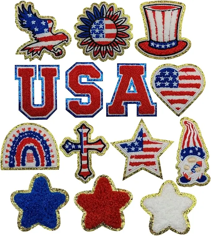 14PCS Patriotic Chenille Patches American Flag Embroidered Iron on Patches Independence Day Patches Sew on Repair Embroidered Applique USA 4th of July Decorative Applique for Hats Clothing