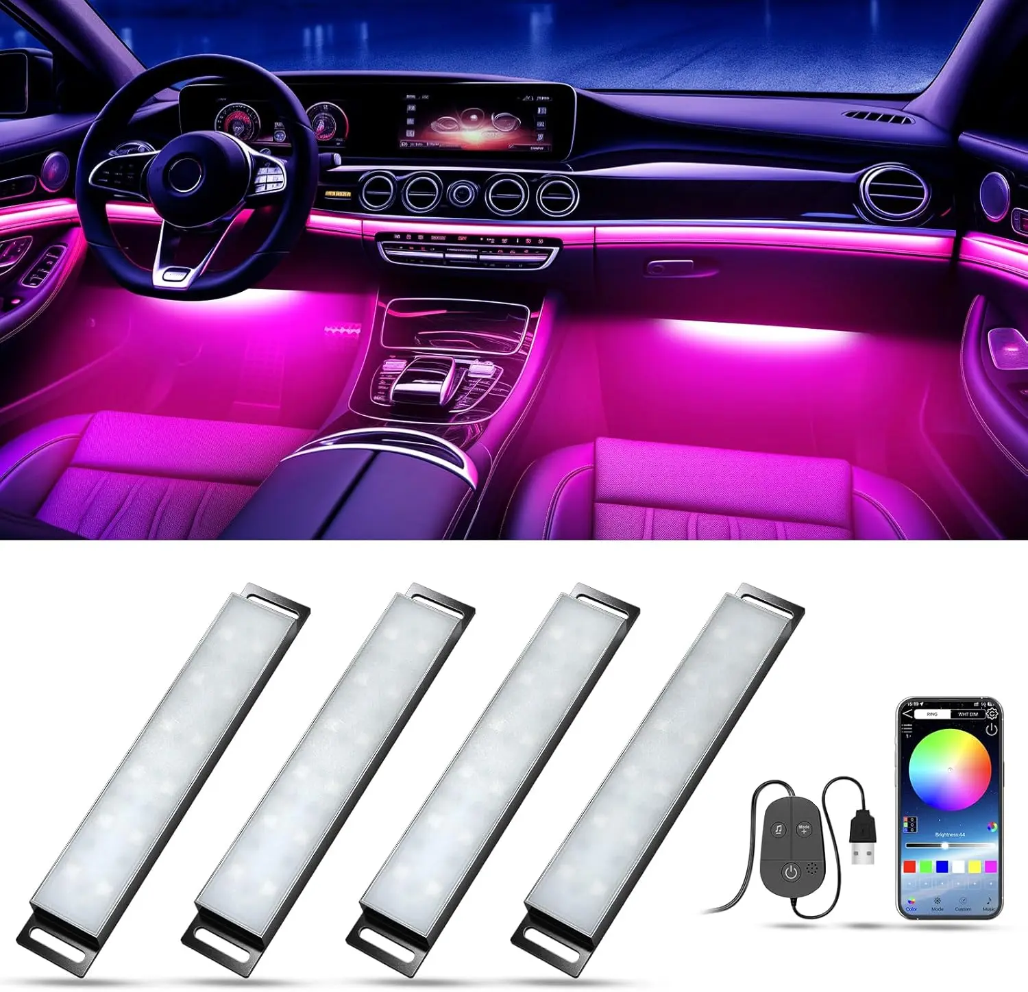 Car Ambient  LED Lights RGB Interior Car Lights with App Control and Music Sync USB Under Dash LED Lights for Jeeps Trucks SUVs DC 5V＆12V  LED Strip Lights  Interior Decoration Lights