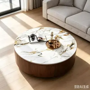 Bellemave Rustic Round Coffee Table - Sintered Stone Top, 2 Drawers - Modern Indoor Living Room Center Furniture Table