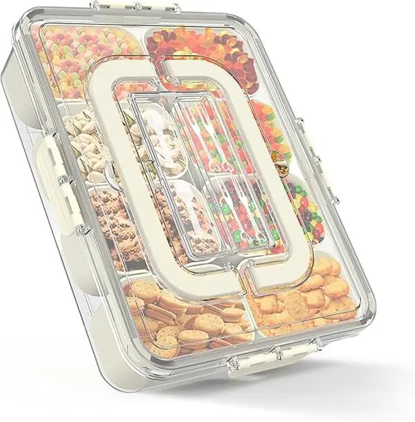 Divided Serving Tray with Lid & Handle- 8 Compartment Snack Box for Fruits, Veggies, Candy, Snacks-Perfect Travel Charcuterie Board for Kids & Adults