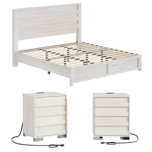VanAcc 3 Piece Bedroom Furniture Sets - Includes Farmhouse Full Size Bed Frame with 49" Tall Headboard and Nightstand Sets of 2 with Charging Station, Slatted Handles & Stainless Steel Feet