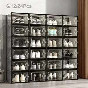 Shoe Rack Set of 6/12/24 Pieces, Clear Plastic Stackable Shoe Boxes, Shoe Storage Container for Wardrobe, Thickened Transparent Shoe Box with Lid Drawer Dresser Organizer Organiser