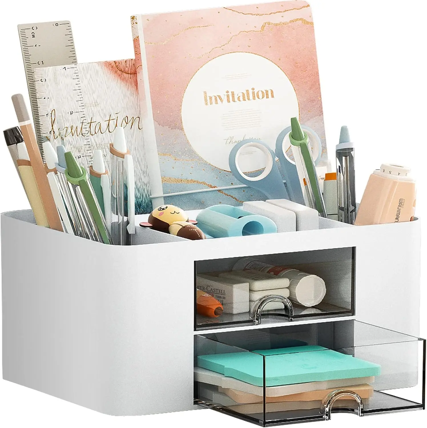 Multi-Functional Desk Organizer with 2 Drawers for Office Art Supplies - White