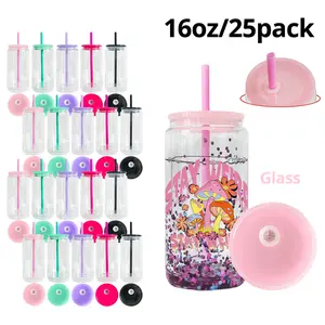 25-Pack Sublimatable 16oz Round Heatproof Glass Snow Globe Cups, Transparent Glass Cups with Color PP Lids, Everyday Use for Home & Office, Festive Gifts