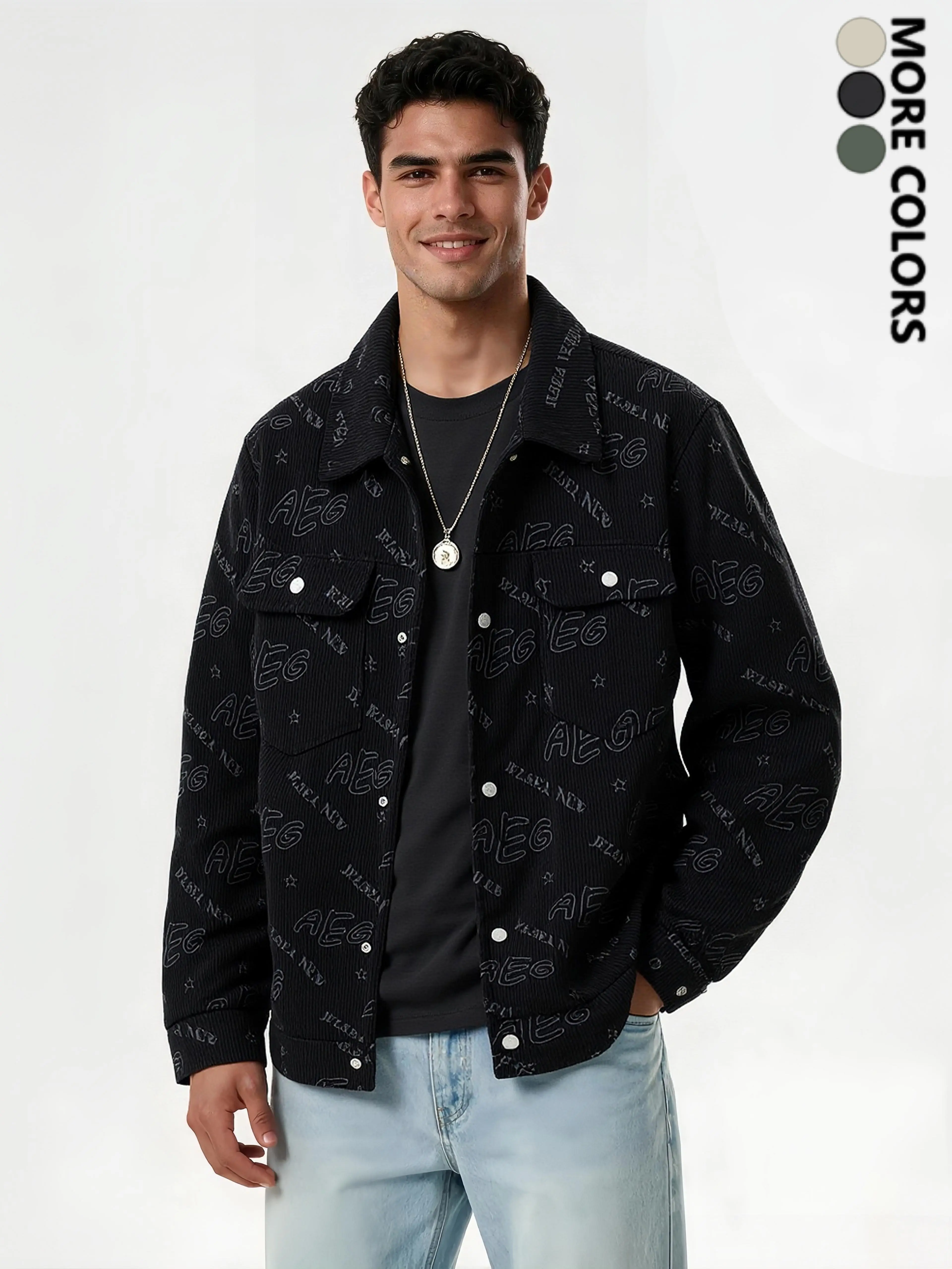 Men's Stylish Graffiti Print Letter Pattern Medium-Length Corduroy Trucker Jacket - Relaxed Fit, Notch Lapel, Snap Button Closure, Large Flap Pockets, 3-Color Options, Soft Menswear Tops Coats for Daily Wear
