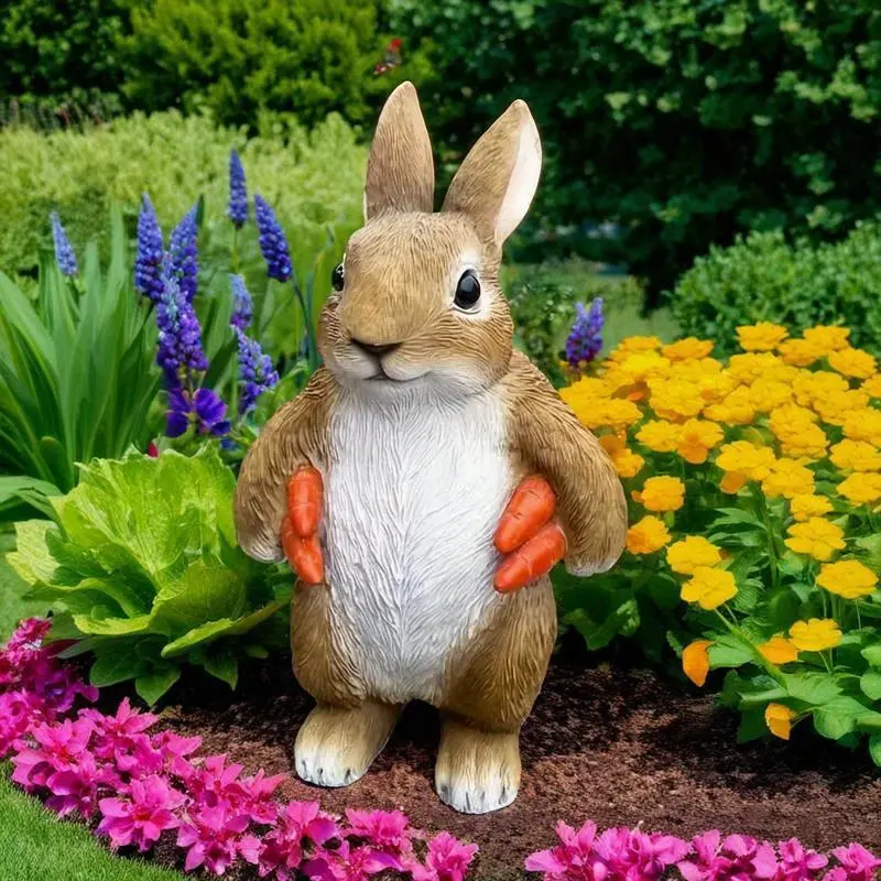 A cute rabbit resin statue with carrots is suitable for outdoor garden, courtyard and farm home decoration, which is an ideal choice for Easter decoration.A cute rabbit resin statue with carrots is suitable for outdoor garden, courtyard and farm home deco