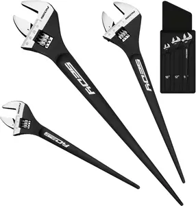 3-Piece Adjustable Spud Wrench Set (10", 12", 16"), CR-V Steel Wrenches with SAE & Metric Scale, Black Oxide Finish for Construction & Mechanical Work