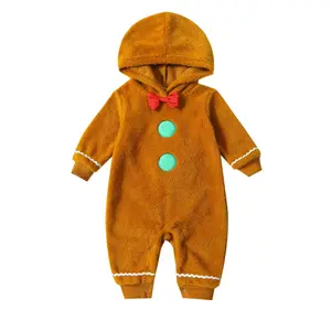 Infant Baby Boy Girl Christmas Gingerbread Man Costume Long Sleeve Fleece Jumpsuit Hooded Romper Fall Clothes